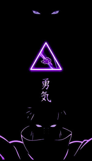紫色霓虹三角形，帶有雲朵符號和代表勇氣的漢字，上方為戴面具的動漫角色剪影。 — 可憐動漫 壁紙
