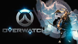 藍光中的持弓角色和幽靈狼的Overwatch標誌。 — 高對比 壁紙