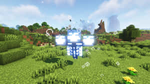 一個發光的藍色像素生物漂浮在Minecraft草地上。