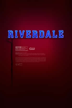 紅色牆上的藍色霓虹 Riverdale 標誌，附有電視節目製作人員名單。