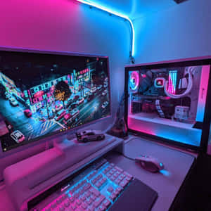遊戲桌配備雙顯示器，在粉紅色和藍色光下顯示霓虹城市和RGB PC。 — iPad Air 11 壁紙