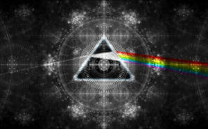 一個帶有眼睛的金字塔，發出彩虹光束，周圍環繞著分形圖案。 — Pink Floyd GIF 壁紙
