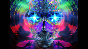 發光的電子頭骨，在數位漩渦中帶有霓虹眼睛 — 幻覺 壁紙