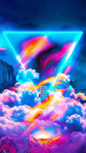 一枚火箭在太空中一個發光的三角形門戶下方穿過色彩繽紛的雲層發射升空。 — 天空美學 壁紙
