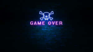 磚牆上帶有骷髏頭和交叉骨頭的霓虹燈 game over 標誌 — 最黑暗地牢 壁紙