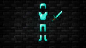 像素風格Minecraft戰士持劍在黑暗磚牆前發光。 — 戰士 壁紙