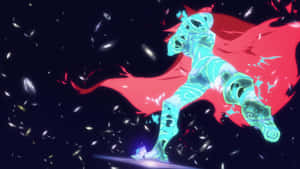 動漫英雄穿著發光裝甲和紅色斗篷，跳躍過充滿星系的太空。 — 天元突破 紅蓮螺巖 壁紙