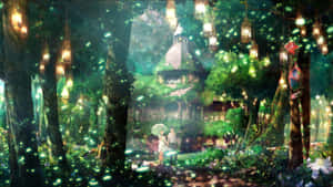 兩個人在發光的魔法森林中，掛著燈籠和小屋旁，站在雨傘下。 — 淺綠色美學動態圖 壁紙