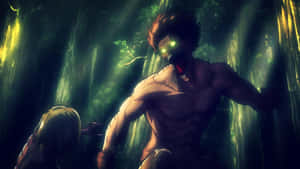 一個發光眼睛的巨型巨人籠罩著黑暗森林中的一個小人。 — 怪獸動圖 壁紙