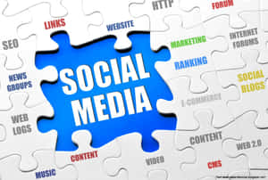 拼圖塊上帶有技術術語，圍繞著中央藍色的「SOCIAL MEDIA」塊。 — 電腦 GIF 壁紙