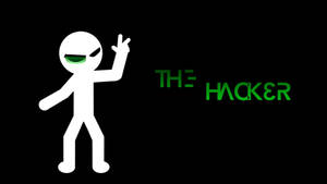 白色火柴人，綠色眼睛，在黑色背景上綠色文字「THE HACKER」旁邊做出和平手勢 — Alienware GIF 壁紙