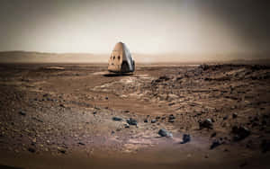 在朦朧天空下，白色SpaceX龍飛船停在佈滿灰塵的紅色火星地形上。 — 火星 GIF 壁紙