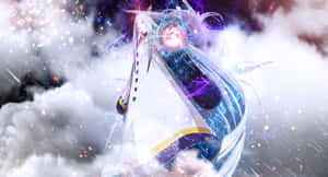 白髮、眼睛發光的動漫戰士，在暴風雲中揮舞著魔法劍。 — 古勒比加 壁紙