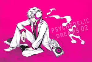 動漫男孩戴著耳機和手提音響，在粉紅色背景上，有煙霧漩渦。 — 黑川伊佐那 壁紙