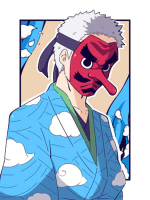 動漫男子身穿藍色雲紋和服，戴著紅色惡魔面具 — HMD Terra M 壁紙