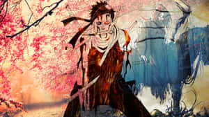 動漫戰士紅眼持劍，在櫻花下與鬼魅身影對峙。 — 鬼滅之刃 禰豆子 壁紙