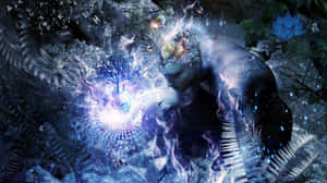 神秘人物，眼睛發光，被宇宙能量和一顆發光的藍色樹木包圍，在黑暗的森林中。 — 夜景城市 壁紙
