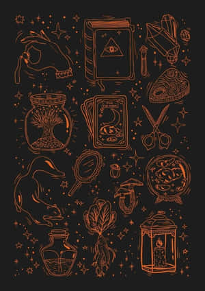 手繪的 occult 符號和魔法物品在深色背景上發出橙色光芒。 — 女巫 GIF 壁紙