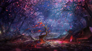 暮色中帶有發光粉紅色花朵和紅色絲帶樹的神秘森林。 — 夜晚 GIF 壁紙
