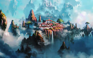 漂浮山村，紅頂建築和瀑布，被霧和雲環繞。 — 插畫 壁紙