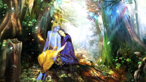 神聖的藍皮膚人物和穿紫色衣服的女人在神秘森林中擁抱。 — 樹 壁紙