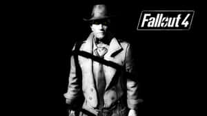 穿著 trench coat 和 fedora 帽的 Fallout 4 角色，黑色背景 — 省電 壁紙