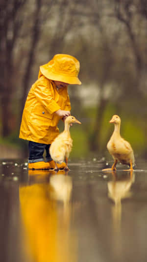 穿黃色雨衣的小孩在潮濕小徑上撫摸小鴨，附近有另一隻小鴨。 — 雨天 壁紙