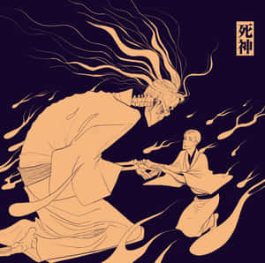 穿著傳統長袍的骷髏人物在黑暗背景下與跪著的人握手。 — 東京喰種角色 壁紙