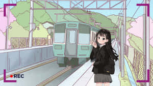 動畫女仔著校服喺櫻花火車站揮手 — 古勒比加 壁紙