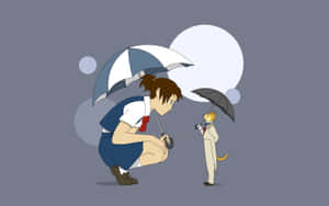 穿著校服的女孩蹲下來與一隻穿著西裝、撐著雨傘的貓咪交談。 — 可愛貓咪 壁紙
