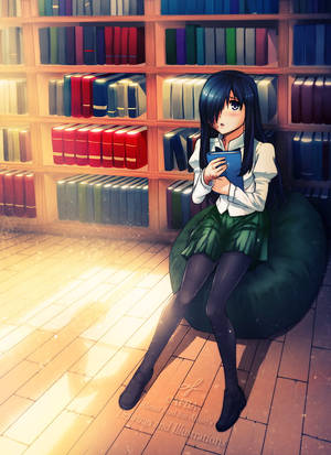 穿著校服的動漫女孩在陽光普照的圖書館裡看書。 — 可愛動漫女仔 壁紙
