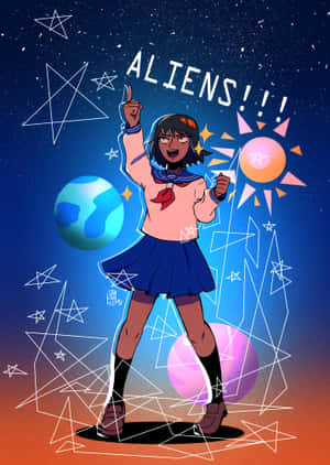 穿著校服的動畫女孩在色彩繽紛的宇宙場景中指著星星和行星。 — iPad Air 壁紙