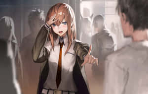 一個穿著校服的動畫女孩在擁擠的房間裡指責性地指著某人。 — 探險時光 壁紙