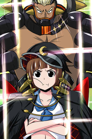 穿著水手服的動漫女孩挑釁地面對帶著發光光束的裝甲戰士。 — 小米Mix 壁紙