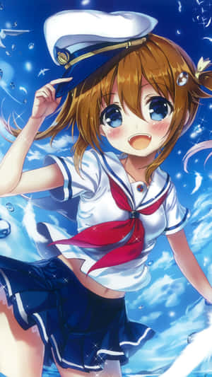 動畫女孩穿水手服，在藍天中與泡泡和小鳥微笑 — iPhone 8 壁紙