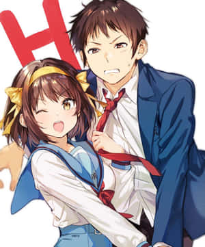 動畫女學生帶著燦爛笑容頑皮地拿著男孩的領帶。 — Motorola Razr 70 Ultra 壁紙