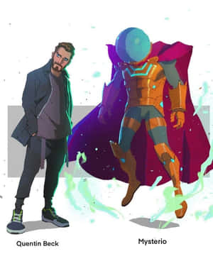 Quentin Beck 和 Mysterio 在風格化的插圖中並肩站立。 — 銀河守護隊 壁紙