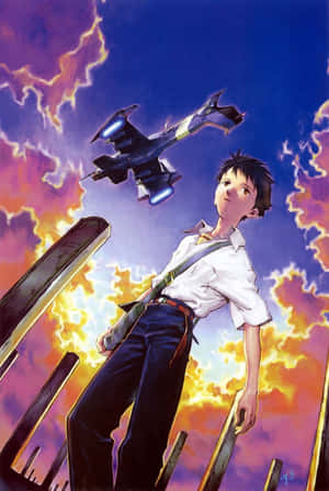 持武器的男孩站在廢墟中，機甲在暴風雨中飛翔。 — 中野三玖 壁紙