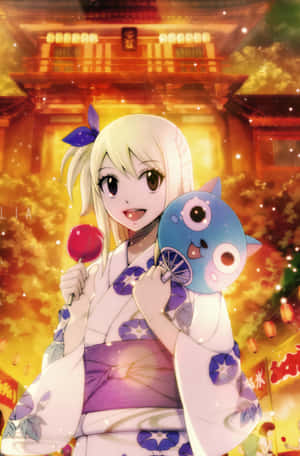 動畫女孩穿和服拿棒棒糖和貓面具在發光神社 — Honor MagicPad 3 Pro 12.3 壁紙