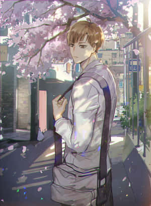 動漫男孩站在城市街道的櫻花樹下，花瓣飄落。 — Kindle 壁紙
