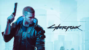 Cyberpunk 2077 主角在霓虹城市景觀中手持手槍。 — 5120x2880 壁紙