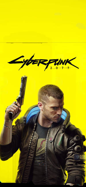 Cyberpunk 2077 主角在黃色背景上握著手槍。 — iPhone 17 壁紙
