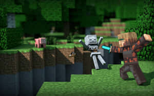 Minecraft玩家在長滿草的懸崖上用發光的劍與骷髏戰鬥。 — Steam Deck 壁紙