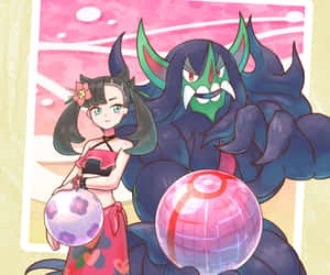 動畫女孩和怪物在粉紅色天空場景中拿著沙灘球。