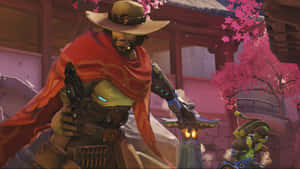 櫻花下穿著紅色斗篷的牛仔電子遊戲角色 — 鬥陣特攻 GIF 壁紙
