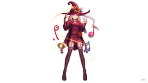 穿著紅色服裝的動畫女巫，被音符和發光效果包圍。