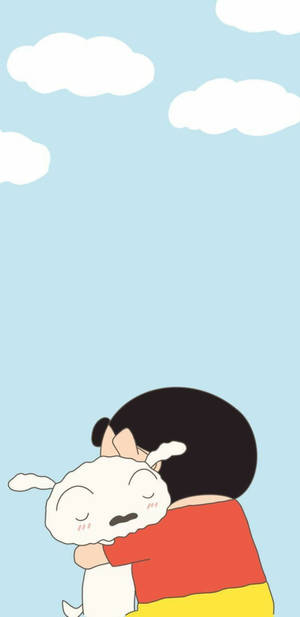 動漫女孩在藍天下擁抱一隻白狗，天空中有雲朵。 — 動漫擁抱 GIF 壁紙