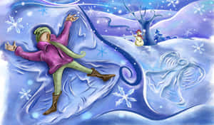 小孩在雪坡上滑下，背景有雪人 — 冬日美學 壁紙