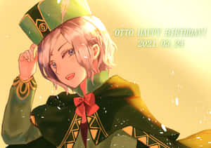 動漫角色 Otto 穿著綠色服裝為生日慶祝微笑。 — 美學波希米亞動態圖 壁紙