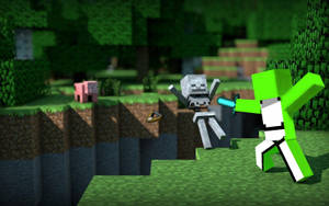 Minecraft玩家在像素化森林中與骷髏戰鬥，附近有一隻豬。 — 遊戲 壁紙